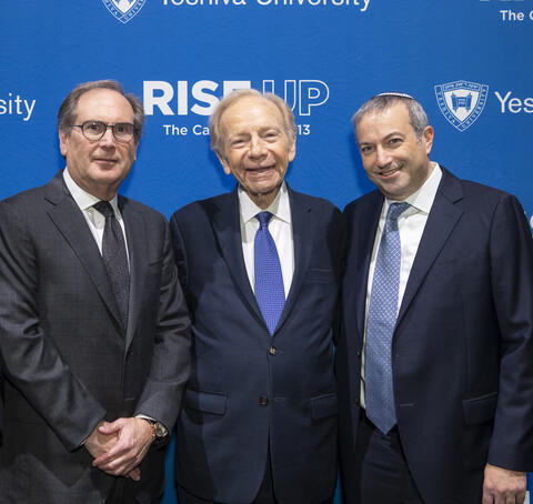 From left, Ira Mitzner, Chairman of YU’s Board of Trustees; Senator Joseph Lieberman, namesake of the newly announced Senator Joseph Lieberman-Mitzner Center for Public Service and Advocacy; and Rabbi Dr. Ari Berman, President of Yeshiva University
